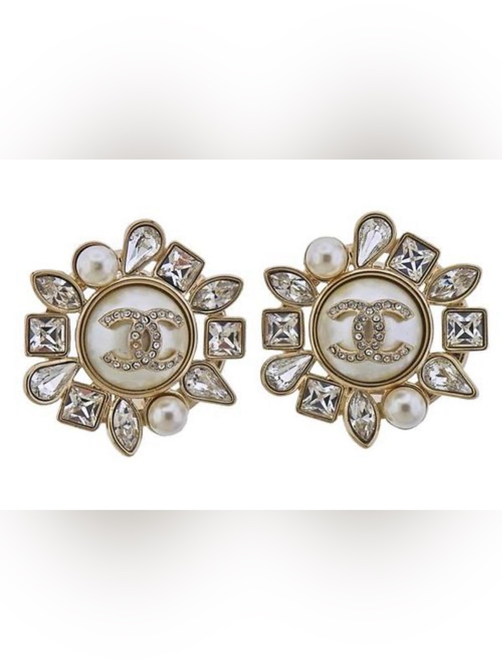 Double C Stud Gold Tone Pearl & Crystal Sunburst Earrings For Pierced Ears
